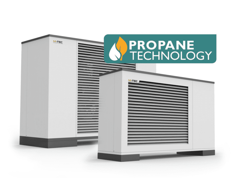 een vertegenwoordiger van de luchtwarmtepompfamilie. Een wit met grijs apparaat dat gebruik maakt van propaantechnologie.