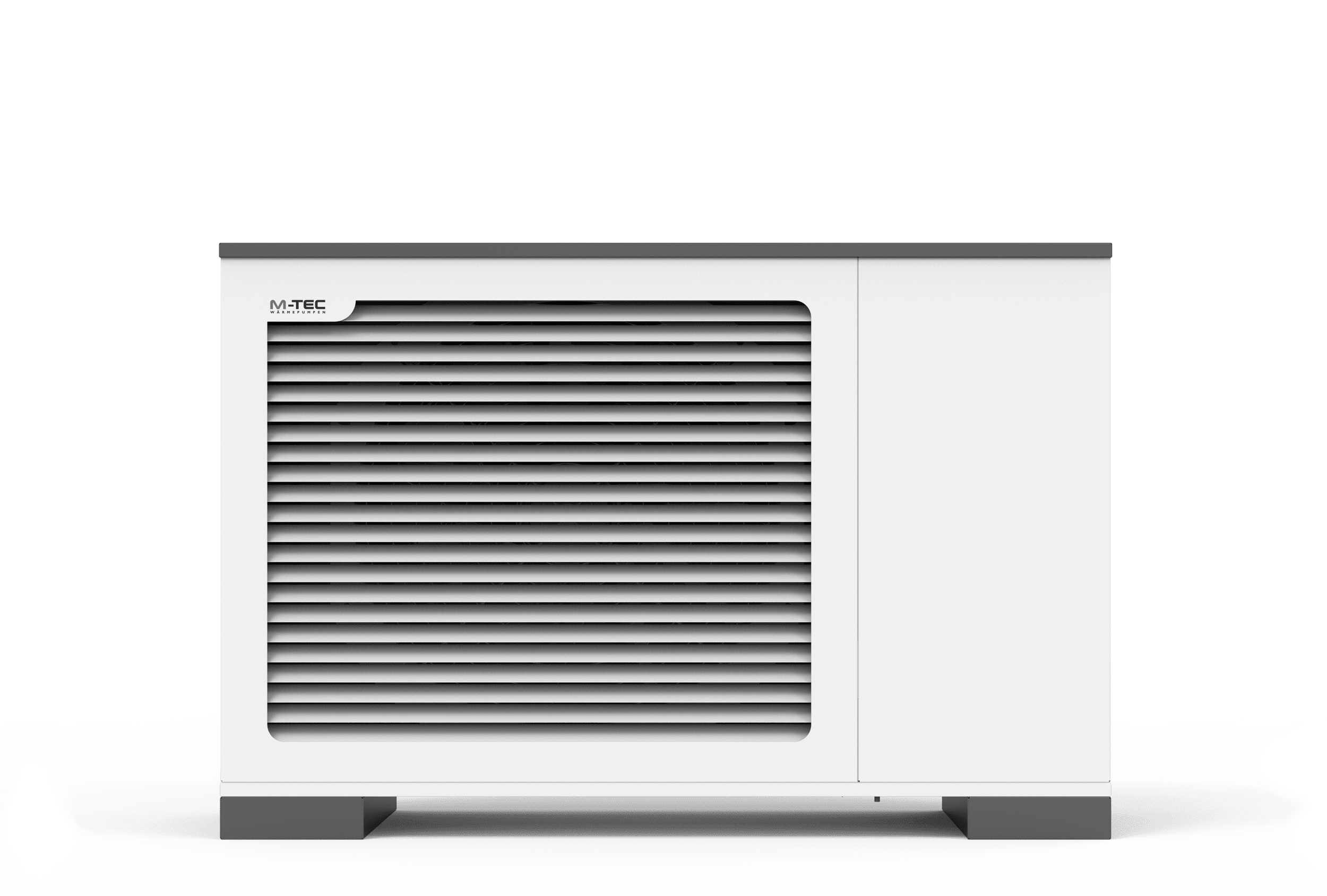 een warmtepomp in wit en donkergrijs design met het logo van M-TEC