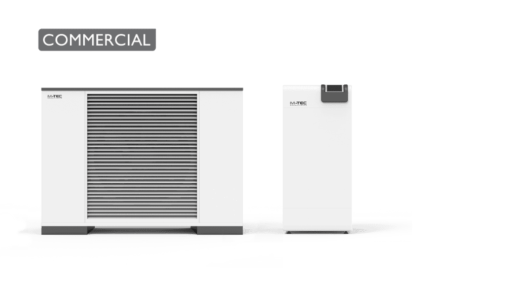 twee warmtepompen met wit en donkergrijs ontwerp van M-TEC