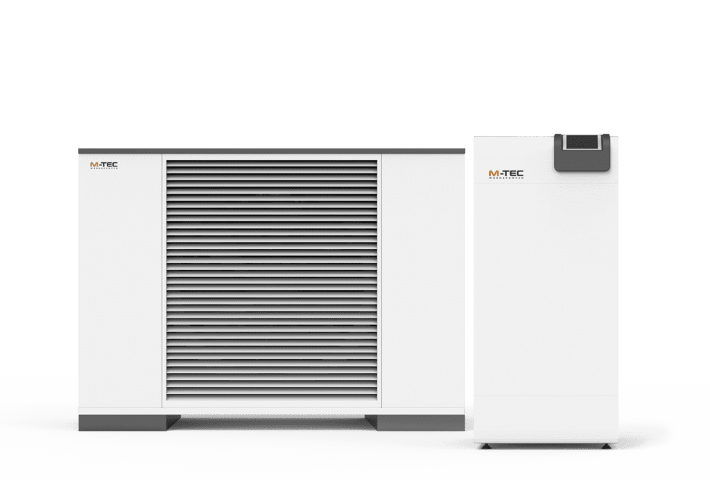 twee warmtepompen met wit en donkergrijs ontwerp van M-TEC