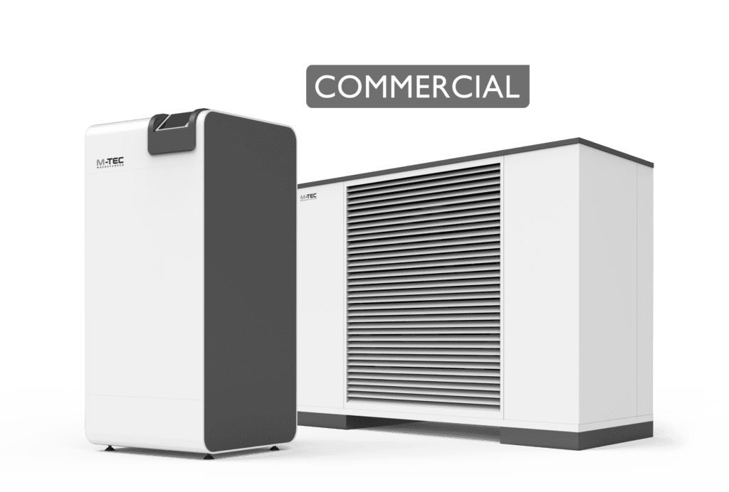 twee warmtepompen met wit en donkergrijs ontwerp van M-TEC