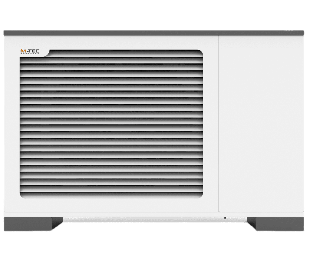 een warmtepomp in wit en donkergrijs design met M-TEC logo